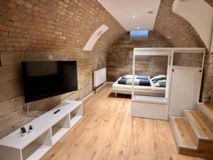 een grote woonkamer met een bed en een televisie bij Unique souterrain apartment in Heilbronn