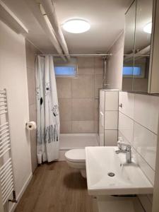 een witte badkamer met een toilet en een wastafel bij Unique souterrain apartment in Heilbronn