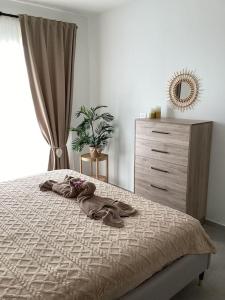 Un dormitorio con una cama con una cómoda y un espejo. en Acogedor apartamento en Estrella Dominicus, en La Laguna