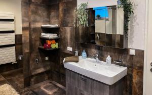 un bagno con lavandino e specchio di Bellami Ferienwohnungen a Minden