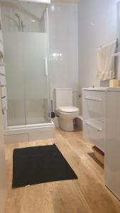 a bathroom with a toilet and a shower and a black rug at Charmant Studio avec son jardin privé aux portes de Paris in Ivry-sur-Seine