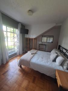 a bedroom with a large bed and a large window at Die Eend Studio in Centurion