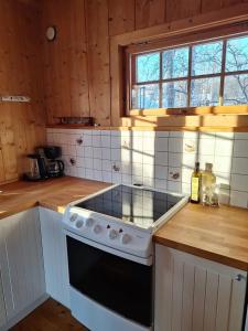 a kitchen with a stove top oven in a kitchen at Øen cabin in Geilo by Norgesbooking in Geilo