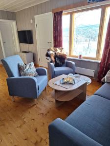 a dog sitting in a living room with two chairs and a table at Øen cabin in Geilo by Norgesbooking in Geilo