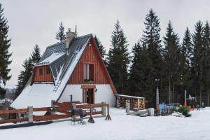 ein Haus mit einem Gameradach im Schnee in der Unterkunft U Cejhonů in Měděnec