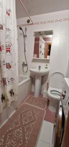 a bathroom with a toilet and a sink and a shower at Апартаменты на СОВЕТСКОЙ 39 in Petropavlovsk