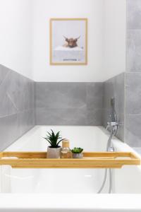 La salle de bains est pourvue d'un lavabo et d'une baignoire. dans l'établissement soulscape Apartments Zwickau EDLER sanierter Altbau-Wohnraum zentrumsnah gratis WIFI, à Zwickau