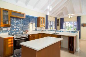 cocina con armarios de madera y encimera blanca en Mahoe Villa @ Richmond Estate, en Richmond