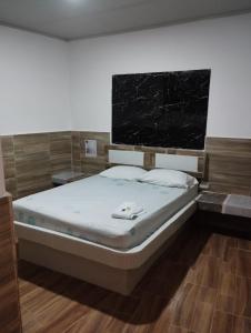 1 dormitorio con 1 cama con una pantalla grande encima en Hotel La Manzana, en Sevilla