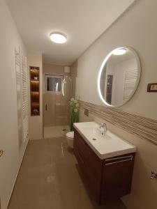een badkamer met een wastafel, een spiegel en een toilet bij Apartma Kapitanovše in Ajdovščina