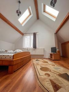 a large bedroom with a bed and a rug at Cheile Valsanului in Brăduleţ