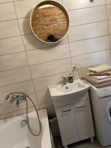 a bathroom with a sink and a toilet and a mirror at Sunny Apartment in Silesia in Czeladź