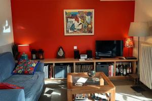 ein Wohnzimmer mit Couch und Fernseher in der Unterkunft Flat with private parking, in the heart of Sete in Sète