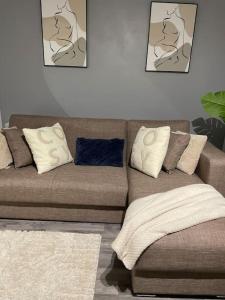 a living room with a brown couch with pillows at Cosy Studio 6 with Free Parking in Birmingham