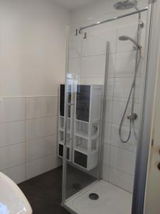 a shower with a glass door in a bathroom at Bungalow 269 in Tossens in Tossenserdeich