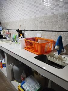 a kitchen counter with a sink and a dish basket on it at EL MANZANO in Lima