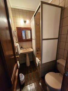 a small bathroom with a toilet and a sink at Hotel Mercurio in Punta Arenas