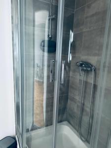 a shower with a glass door in a bathroom at Hostel Octopus Gdańsk in Gdańsk