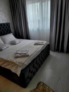 Un dormitorio con una cama con dos platos. en Apartament Eva en Bacău