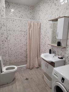 La salle de bains est pourvue d'une douche, de toilettes et d'un lavabo. dans l'établissement HOME, à Tbilissi
