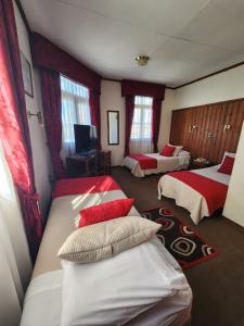 a hotel room with two beds and a television at Hotel Mercurio in Punta Arenas