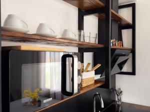a kitchen with a sink and a black shelf at Golubina 1 - Studio Apartman in Golubac