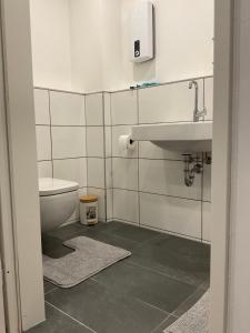 a bathroom with a toilet and a sink at Modernes Studio am Dreiländereck in Alsdorf