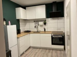 a kitchen with white cabinets and green walls at Modernes Studio am Dreiländereck in Alsdorf