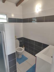 a bathroom with a toilet and black and white tiles at Villa des fleurs in Pointe-Noire