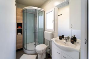 a bathroom with a shower and a toilet and a sink at Mobile home Mariola in Sveti Petar +19 photos