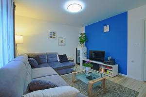 - un salon avec un canapé et un mur bleu dans l'établissement Holiday Home Sinac, à Sinac