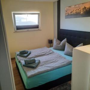 1 dormitorio con 1 cama con 2 almohadas en Theunis Ferienwohnung, en Ostseebad Karlshagen