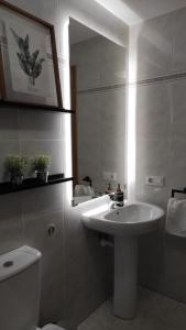 W łazience znajduje się umywalka, toaleta i lustro. w obiekcie VUT 09-230 En la Catedral, Ubicación Excepcional y con Wifi w mieście Burgos