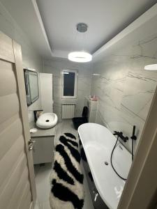 a bathroom with a white sink and a black and white rug at Apartament Chloe in Tulcea