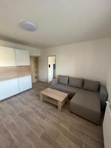 uma sala de estar com um sofá e uma mesa de centro em Ferie Apartman 2 em Děčín