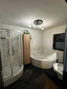 uma casa de banho com uma banheira, um chuveiro e um lavatório. em Wohnung mitten im Salzkammergut em Ohlsdorf