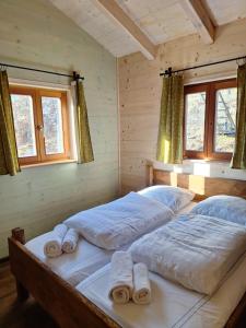 two beds in a room with two windows at Glamping-Paradies am Dengler Hof in Hohenberg an der Eger