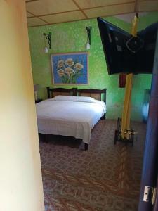 1 dormitorio con 1 cama y una pintura en la pared en Posada Familiar Papantla, en Papantla de Olarte