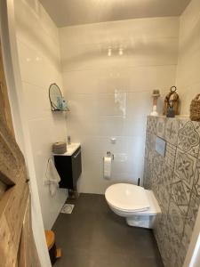 uma pequena casa de banho com WC e lavatório em B&B / Studio De Rozeboom em Steenbergen