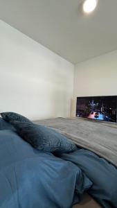 a bedroom with a large bed with a tv on the wall at AR ALBELLI HOUSE II in Košice