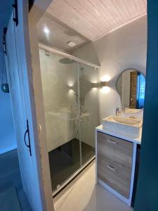 a bathroom with a glass shower and a sink at So Cosy Beach in Talmont +16 photos