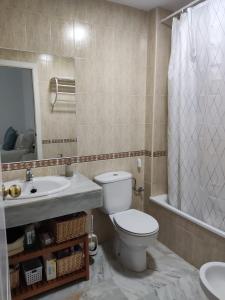 La salle de bains est pourvue de toilettes, d'un lavabo et d'un miroir. dans l'établissement Fantástico apartamento VFT MA 75455, à Manilva