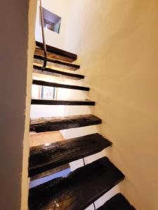 uma escada numa casa com degraus de madeira em La casa degli artisti em Marliana