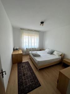 a bedroom with a bed and a window and a rug at Căsuța de la țară in Bradu