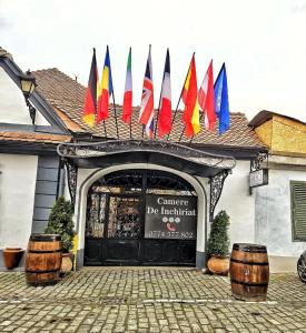 un grupo de banderas de diferentes colores frente a un edificio en Complex Select, en Mediaş