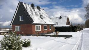 dom w śniegu z choinką świąteczną w obiekcie Ferienhaus Erdmann-Huus w mieście Esgrus