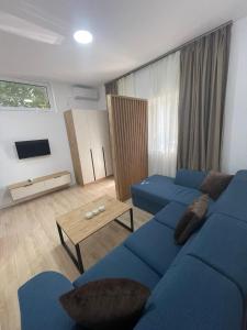 un salon avec un canapé bleu et une table dans l'établissement Apartments KinGs, à Petrovac na Moru