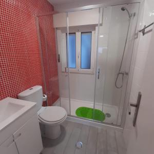 een badkamer met een douche, een toilet en een wastafel bij Casa Rural "Casa da Professora" - Meãs, Pampilhosa da Serra in Pampilhosa da Serra