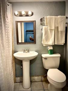 ein Badezimmer mit einem Waschbecken, einem WC und einem Spiegel in der Unterkunft Hotel Regency Inn in San Antonio