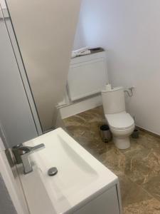 a bathroom with a white toilet and a sink at Aparthouse in Lugoj